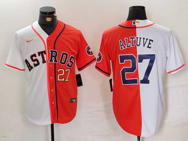 Men%27s Houston Astros #27 Jose Altuve White Orange Blue Number Split Stitched Baseball Jerseys Dzhi->houston astros->MLB Jersey